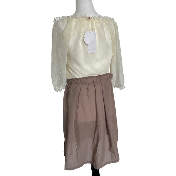 NWT DD&JJ Swiss dot cream and brown off-the-shoulder 3/4 sleeve polka dot dress - Picture 3 of 14